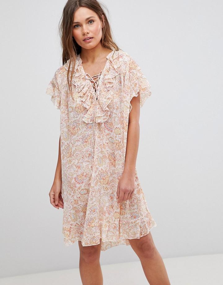 En Creme Short Sleeve Floral Dress With Ruffles & Criss Cross Strings - Multi