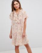 En Creme Short Sleeve Floral Dress With Ruffles & Criss Cross Strings - Multi