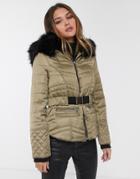River Island Satin Quilted Jacket With Faux Fur Hood In Khaki