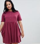Asos Design Curve Mini Smock Dress With Pockets And Button Front - Red