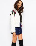 Native Rose Out Of Mongolia Faux Fur Crop Jacket With Embroidered Epaulettes - White
