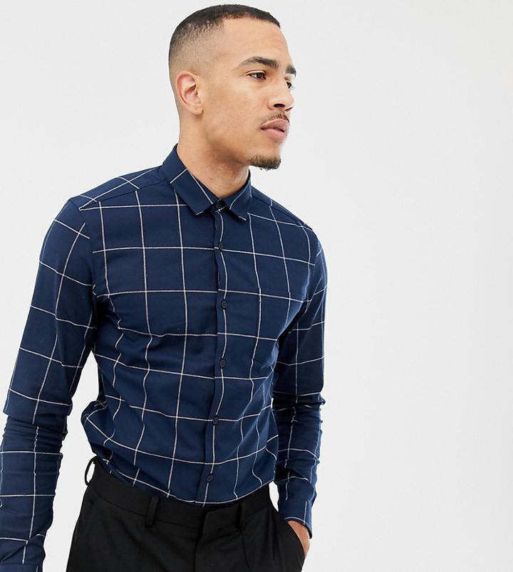 Asos Design Stretch Slim Windowpane Check Shirt - Navy