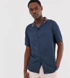Asos Design Tall Regular Fit Satin Shirt With Floral Revere Collar-navy