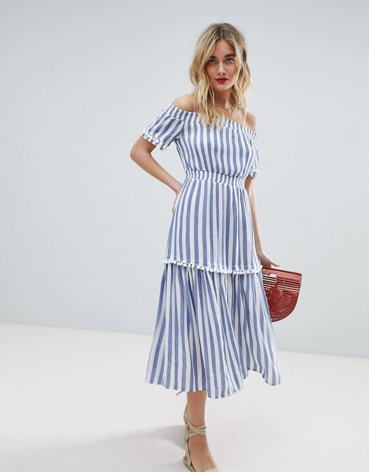 Warehouse Off The Shoulder Bardot Stripe Midi Dress - Blue