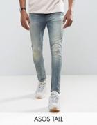 Asos Tall Super Skinny Jeans In Vintage Dark Wash Blue With Abrasions - Blue