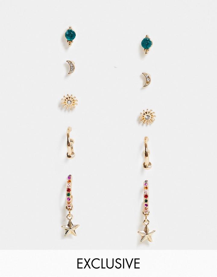 Reclaimed Vintage Inspired 5-pack Moon And Star Stud And Hoop Earrings In Gold