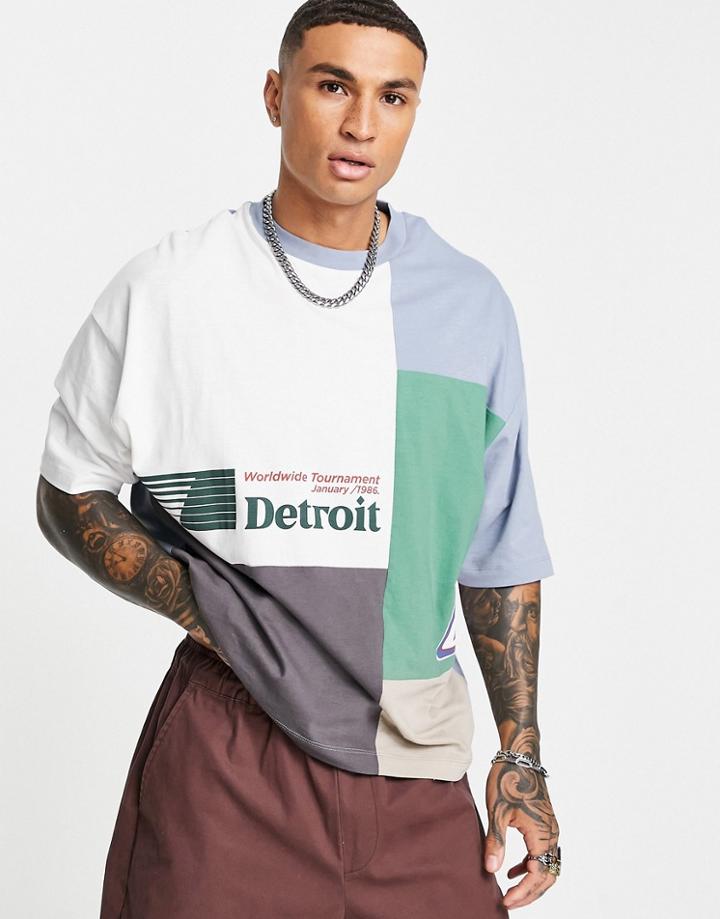 Asos Design Oversized T-shirt In Beige And Brown Color Block With City Print-multi