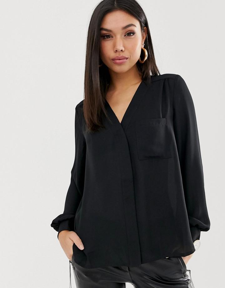 Asos Design Long Sleeve Blouse With Pocket Detail In Black