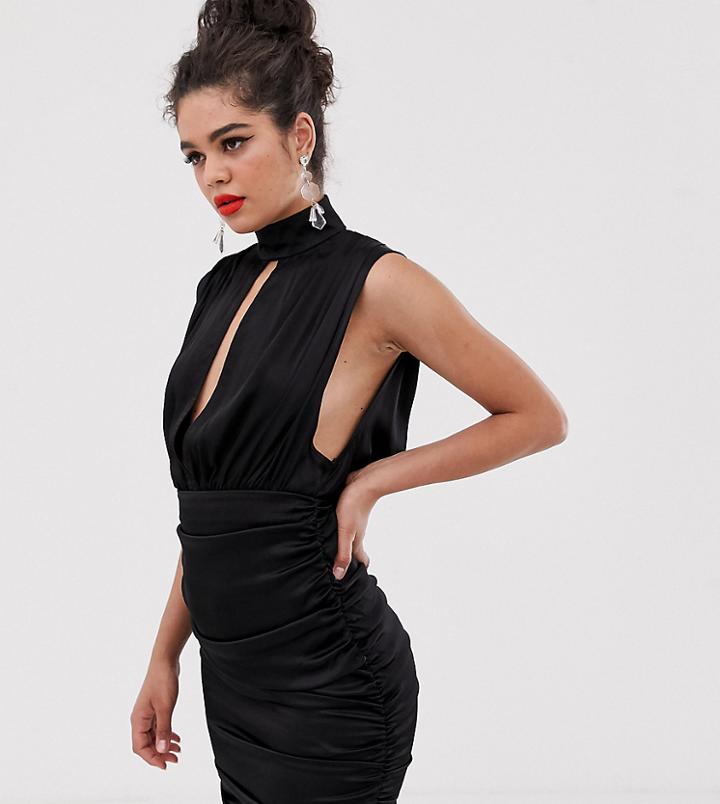 Asos Design Tall High Neck Cowl Back Mini Dress In Satin - Green