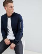 Asos Design Muscle Fit Bomber Jacket With Sleeve Zip In Navy - Navy