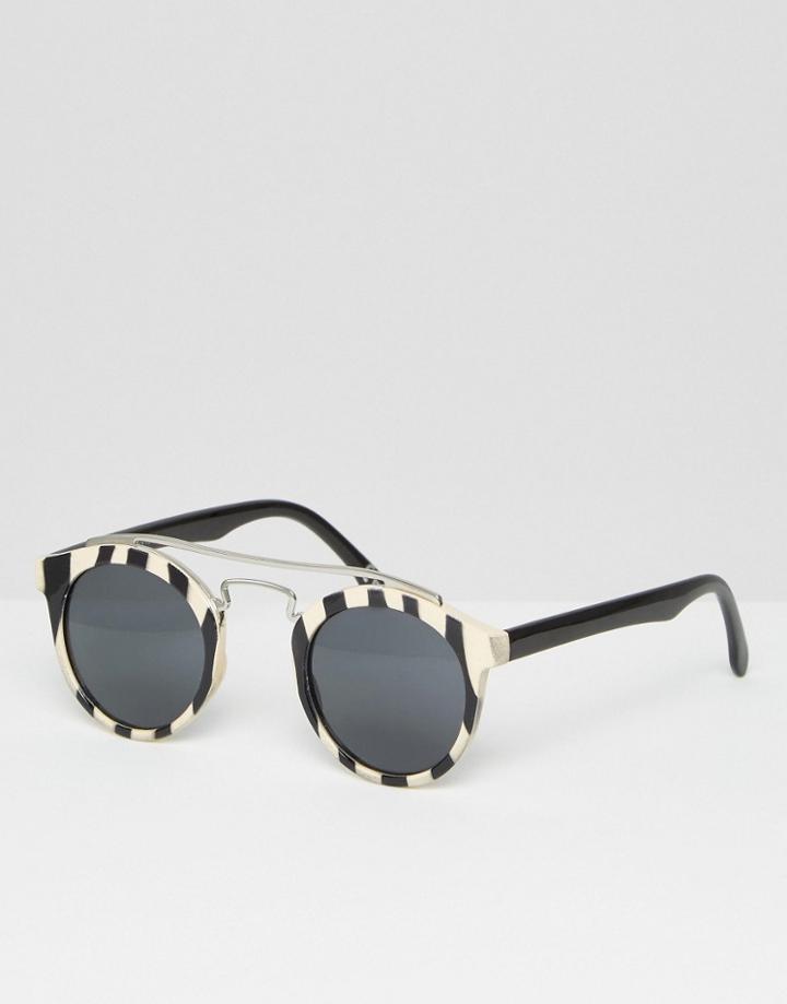 Asos Round Sunglasses With Metal Nose Bar In Stripe - Nude