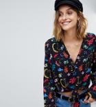 Reclaimed Vintage Inspired Faces Print Tie Front Shirt - Black