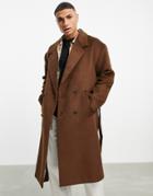 Topman Belted Overcoat In Chocolate Brown Wool Blend-neutral