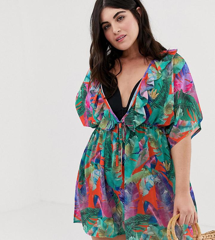 Unique21 Hero Jungle Leaf Print Beach Kimono Dress - Multi