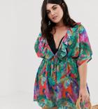 Unique21 Hero Jungle Leaf Print Beach Kimono Dress - Multi