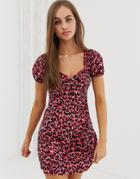 Pull & Bear Square Neck Dress In Pink Leopard Print - Pink