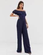 Little Mistress Lace Top Bardot Wide Leg Jumpsuit In Navy - Navy