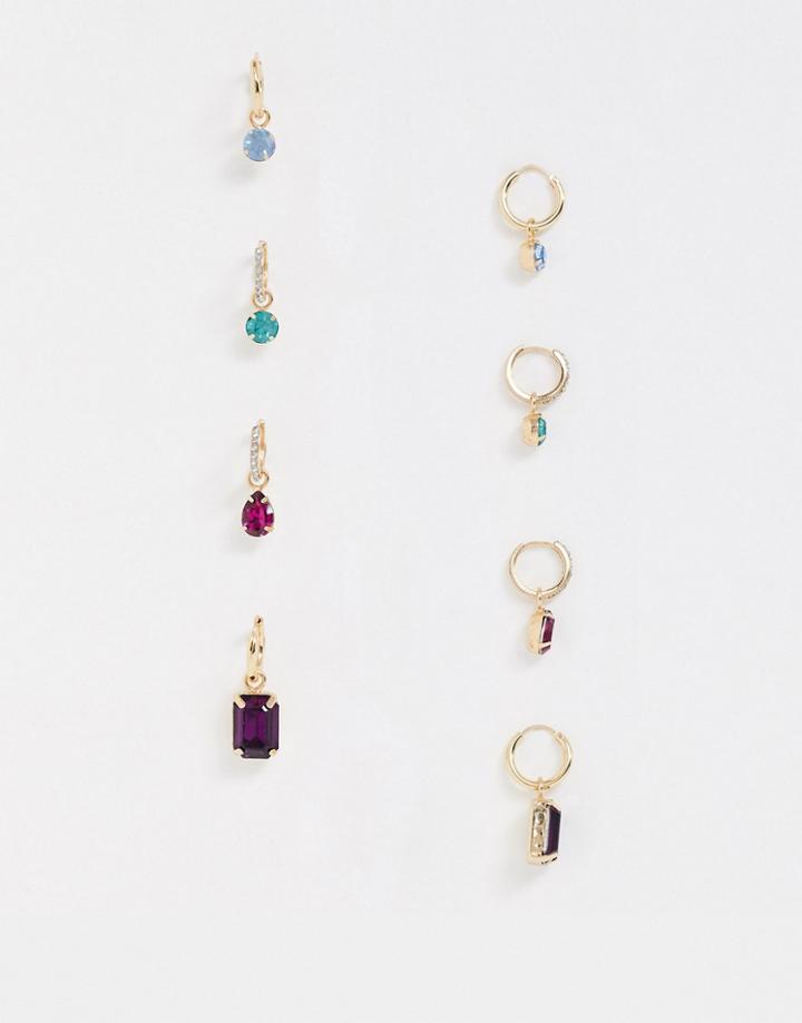 Asos Design Pack Of 4 Hoop Earrings With Color Jewel Charms In Gold Tone