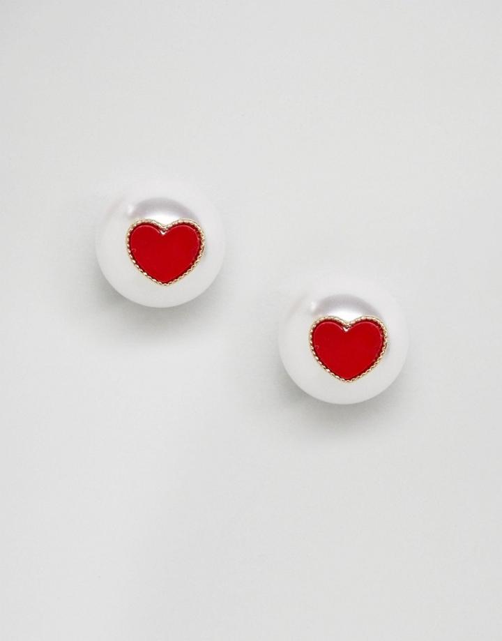 Asos Front & Back Heart & Pearl Earrings - Cream