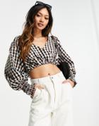 Asos Design Seersucker Check Wrap Top With Shirred Sleeves In Black & Brown-multi