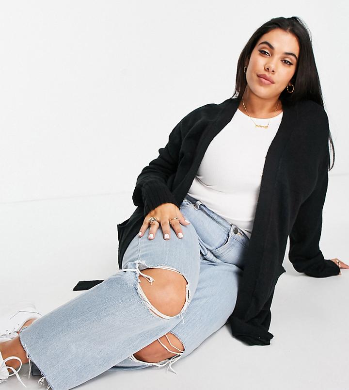 Threadbare Plus Halley Tie Waist Cardigan In Black