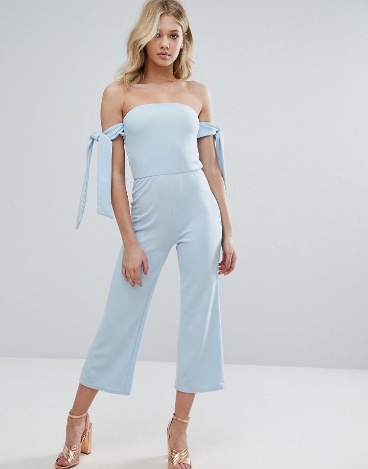 Oh My Love Bardot Culotte Jumpsuit With Tie Sleeves - Blue