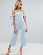 Oh My Love Bardot Culotte Jumpsuit With Tie Sleeves - Blue