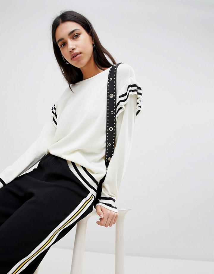 Esprit Stripe And Frill Sweater - Cream