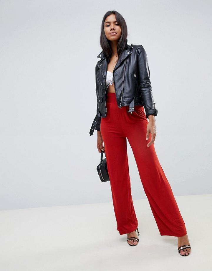 Asos Design Wide Leg Pants With Deep Waistband - Red