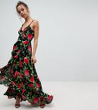 Asos Petite Ruffle Front Wrap Maxi Cami Dress In Bold Floral - Multi