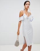 Rare Frill Off Shoulder Midi Dress - Blue