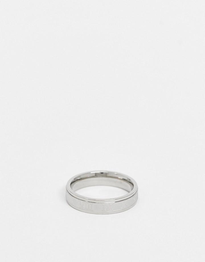 Asos Design Stainless Steel Band Ring With Roman Numerals Design In Silver Tone