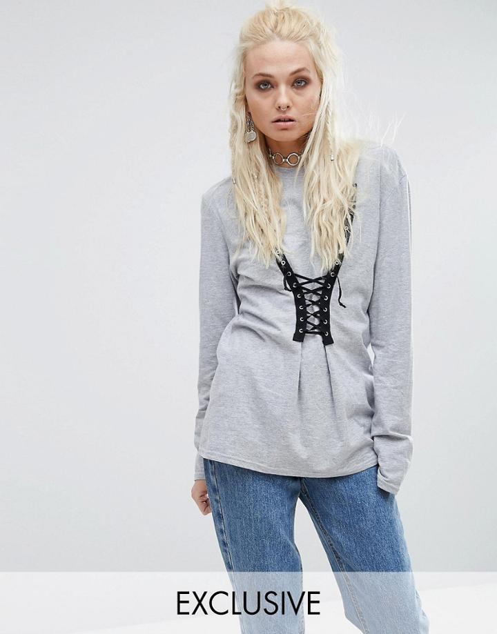 Milk It Vintage Long Sleeve Top With Lace Up Detail - Gray