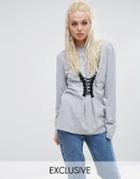 Milk It Vintage Long Sleeve Top With Lace Up Detail - Gray