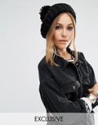 Reclaimed Vintage Chunky Knitted Pom Pom Beret - Black