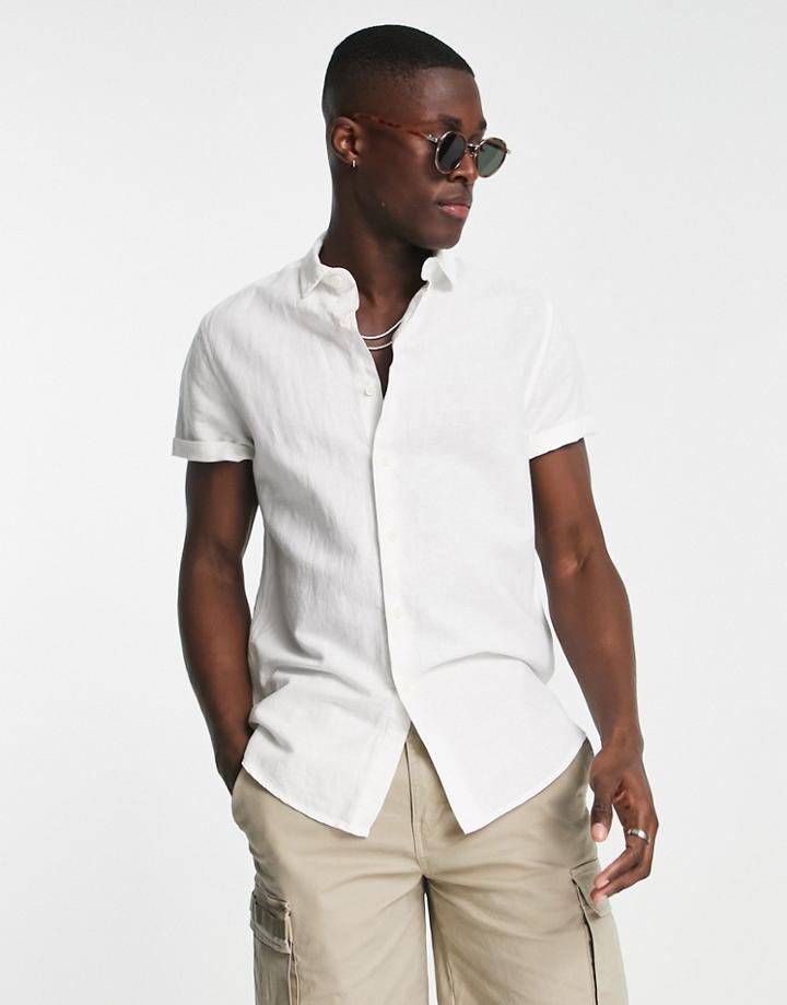 Asos Design Regular Linen Shirt With Roll Sleeve In White