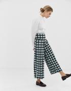 Asos Design Wide Leg Culotte In Check With Tortoiseshell Button Placket - Multi