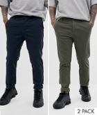 Asos Design 2 Pack Skinny Chinos In Khaki & Navy Save-multi