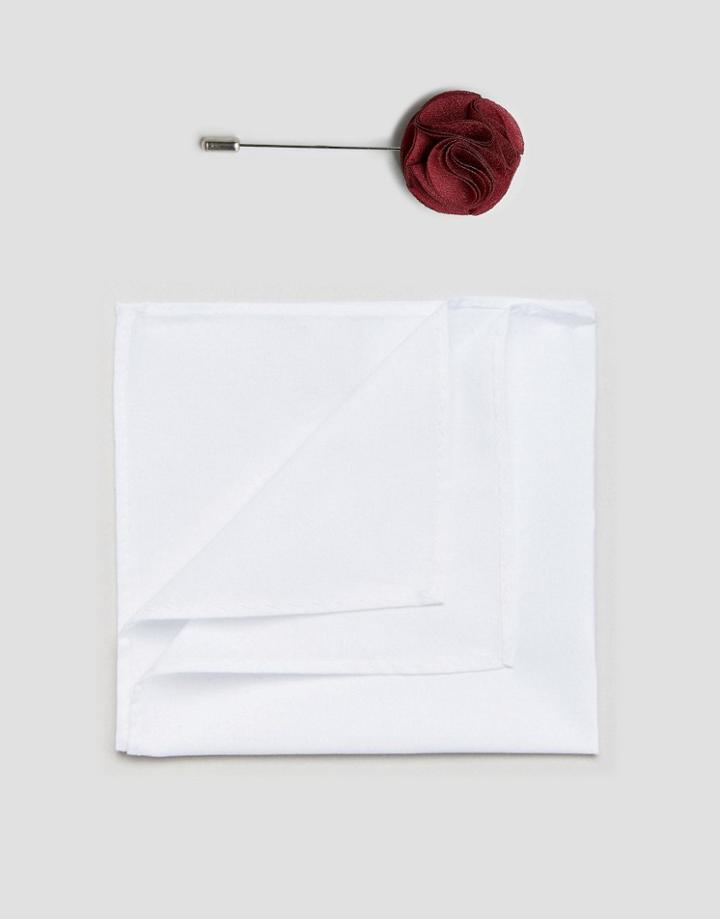 Asos Pocket Square And Burgundy Lapel Pin Pack - White