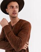 Asos Design Fluffy Textured Knit V-neck Sweater In Auburn-brown