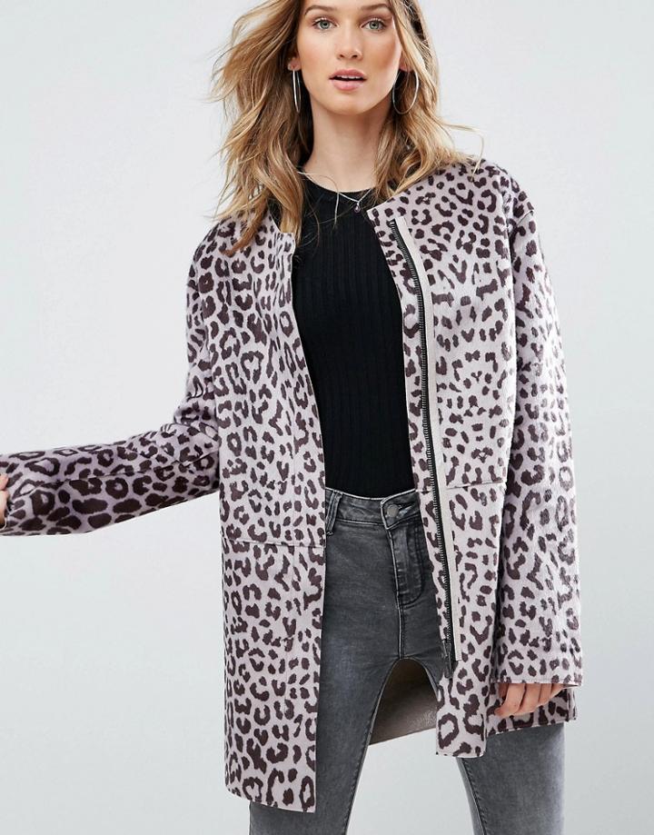 Pepe Jeans Waver Leopard Print Collarless Coat - Brown