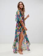 Asos Design Dipped Hem Chiffon Kimono In Glam Tropical Chain Print - Multi