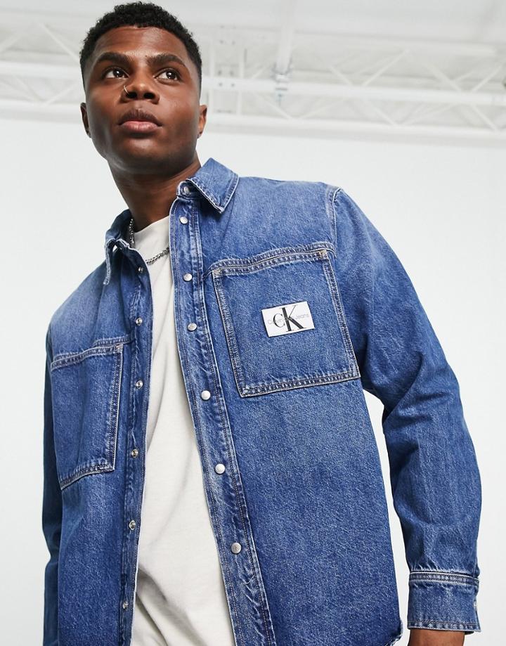Calvin Klein Jeans Pocket Front Denim Shirt In Mid Wash-blue