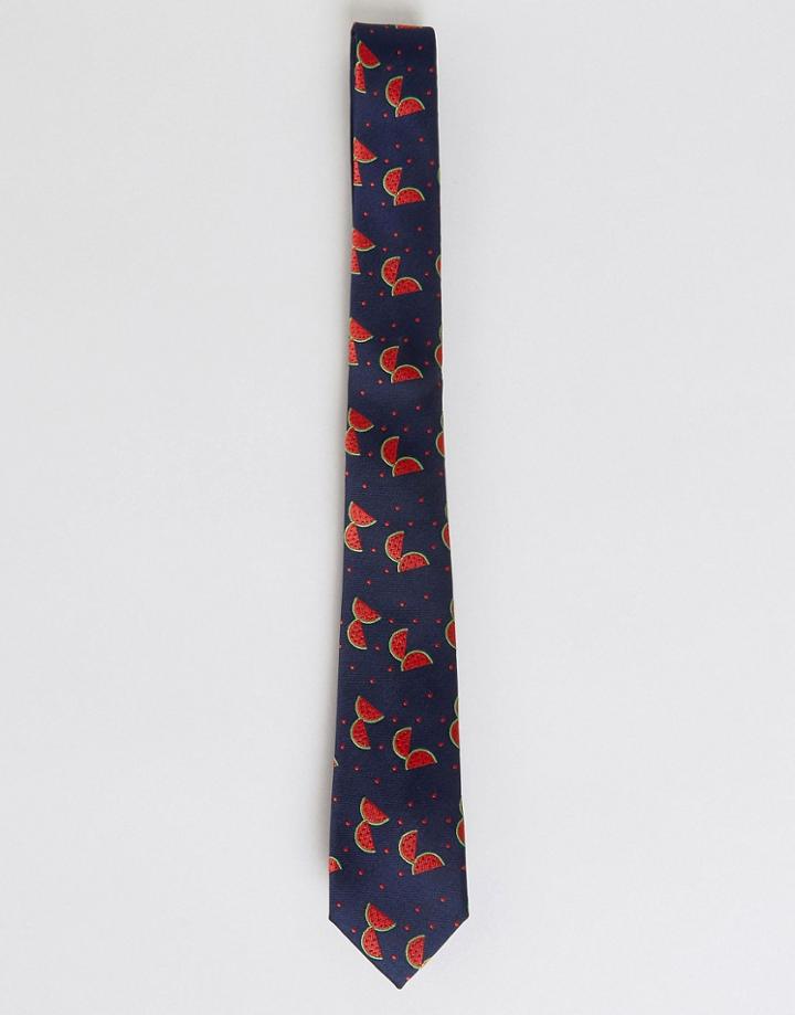 Asos Slim Tie With Watermelon Print - Navy