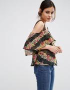 Asos Tiered Cold Shoulder Top In Spot & Floral Print - Multi