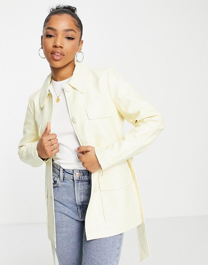Miss Selfridge Faux Leather Tie Waist Shacket In Buttermilk-white
