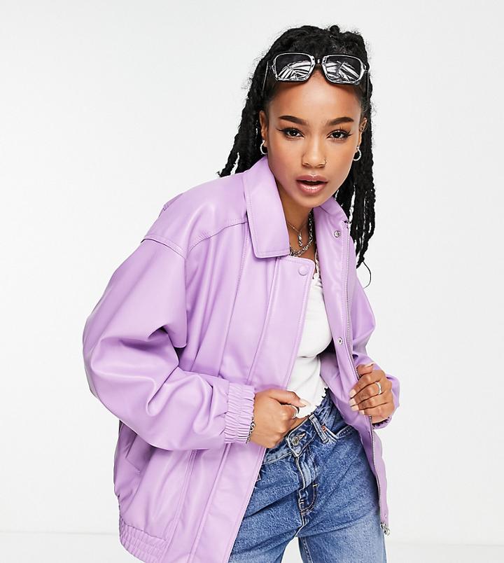 Asos Design Petite Faux Leather Bomber Jacket In Purple