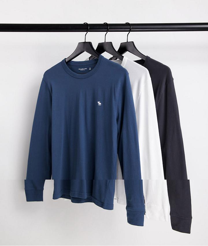 Abercrombie & Fitch 3 Pack Icon Logo Long Sleeve Tops In Black/navy/white-multi