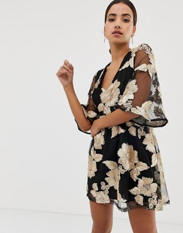 Dolly & Delicious Flutter Sleeve Embroidered Mini Dress - Black