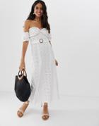 Asos Design Bardot Maxi Broderie Sundress With Tortoiseshell Belt-white